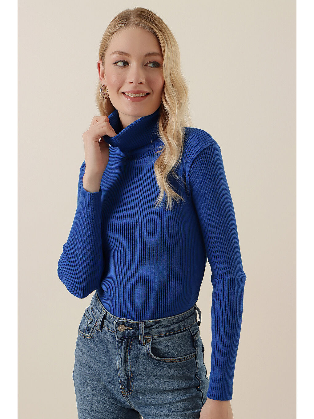 Mavi 15796 Balıkçı Yaka Fitilli Kazak - Saks-4