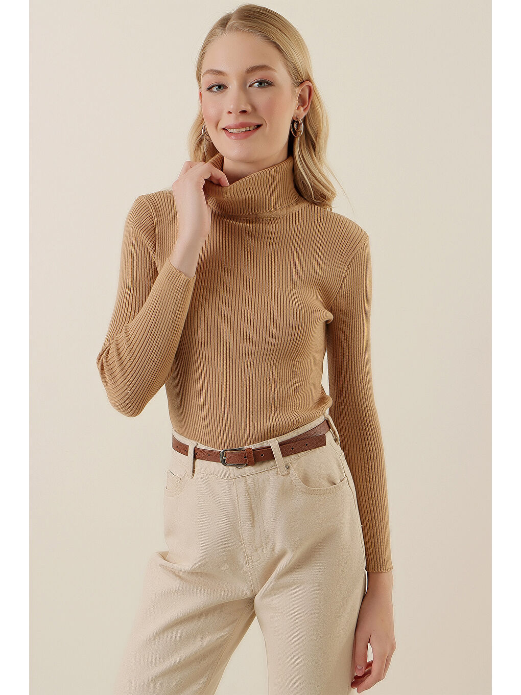 15796 Balıkçı Yaka Fitilli Kazak - Bej-4