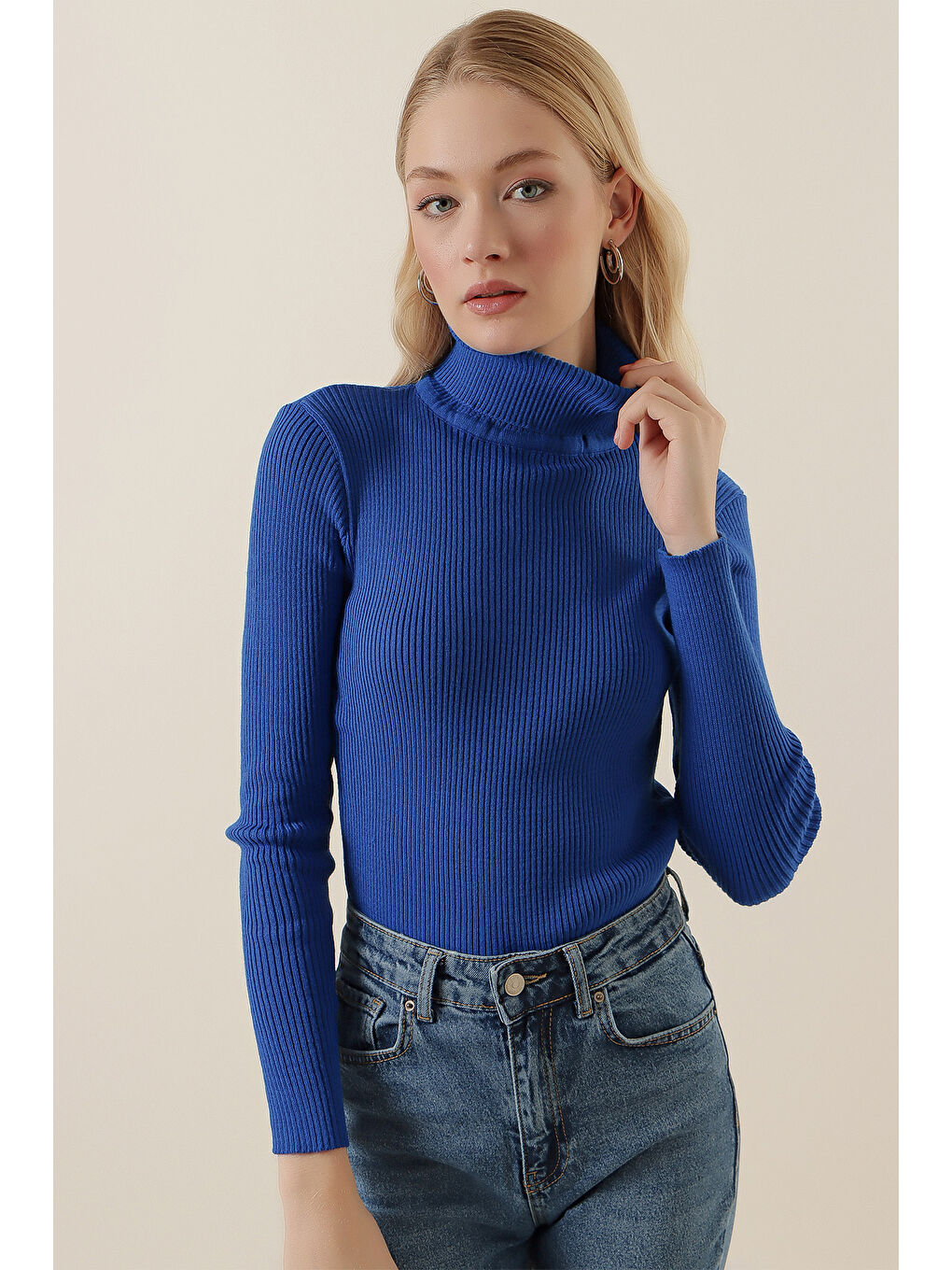 Mavi 15796 Balıkçı Yaka Fitilli Kazak - Saks-5