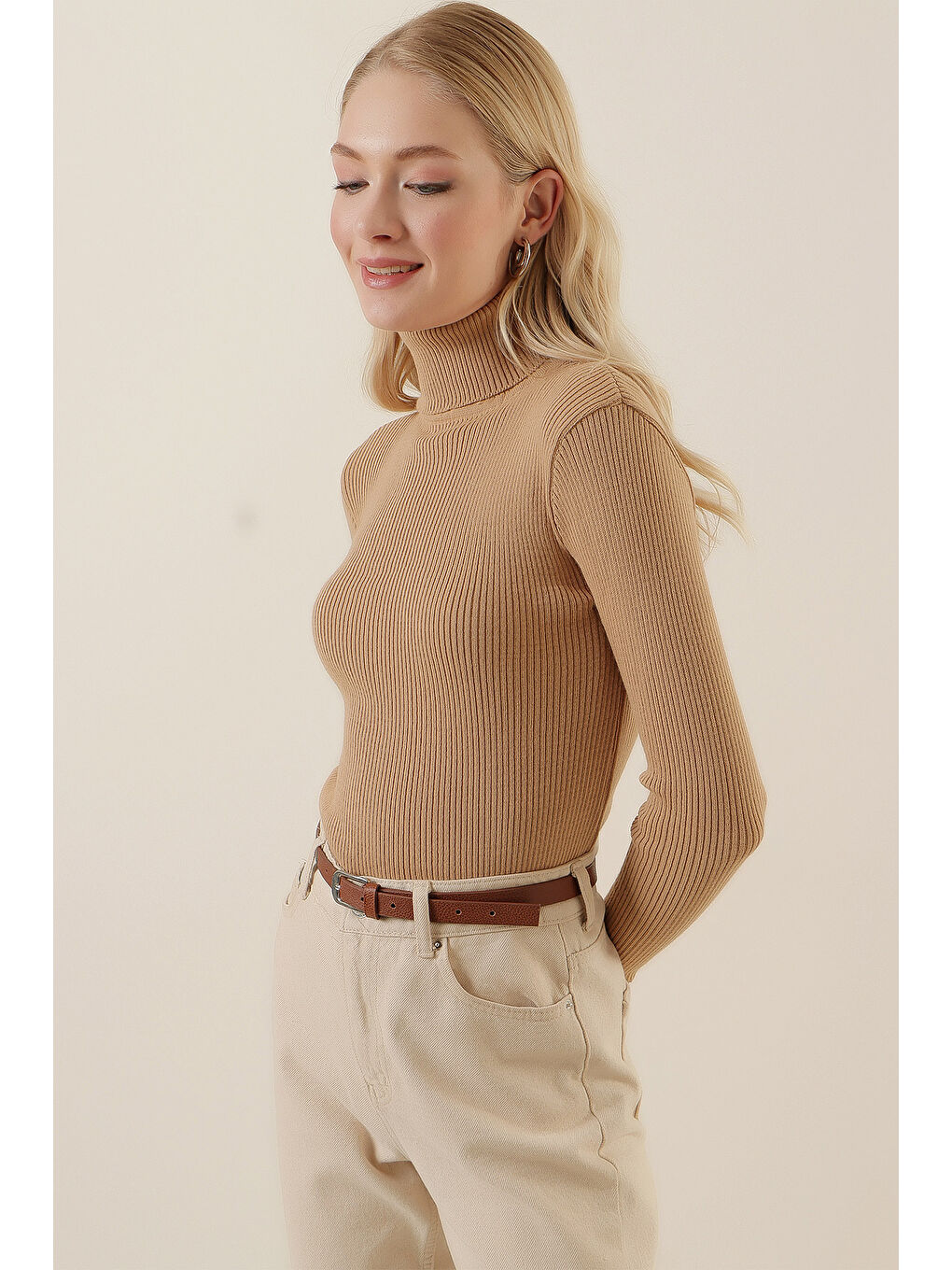 15796 Balıkçı Yaka Fitilli Kazak - Bej-5