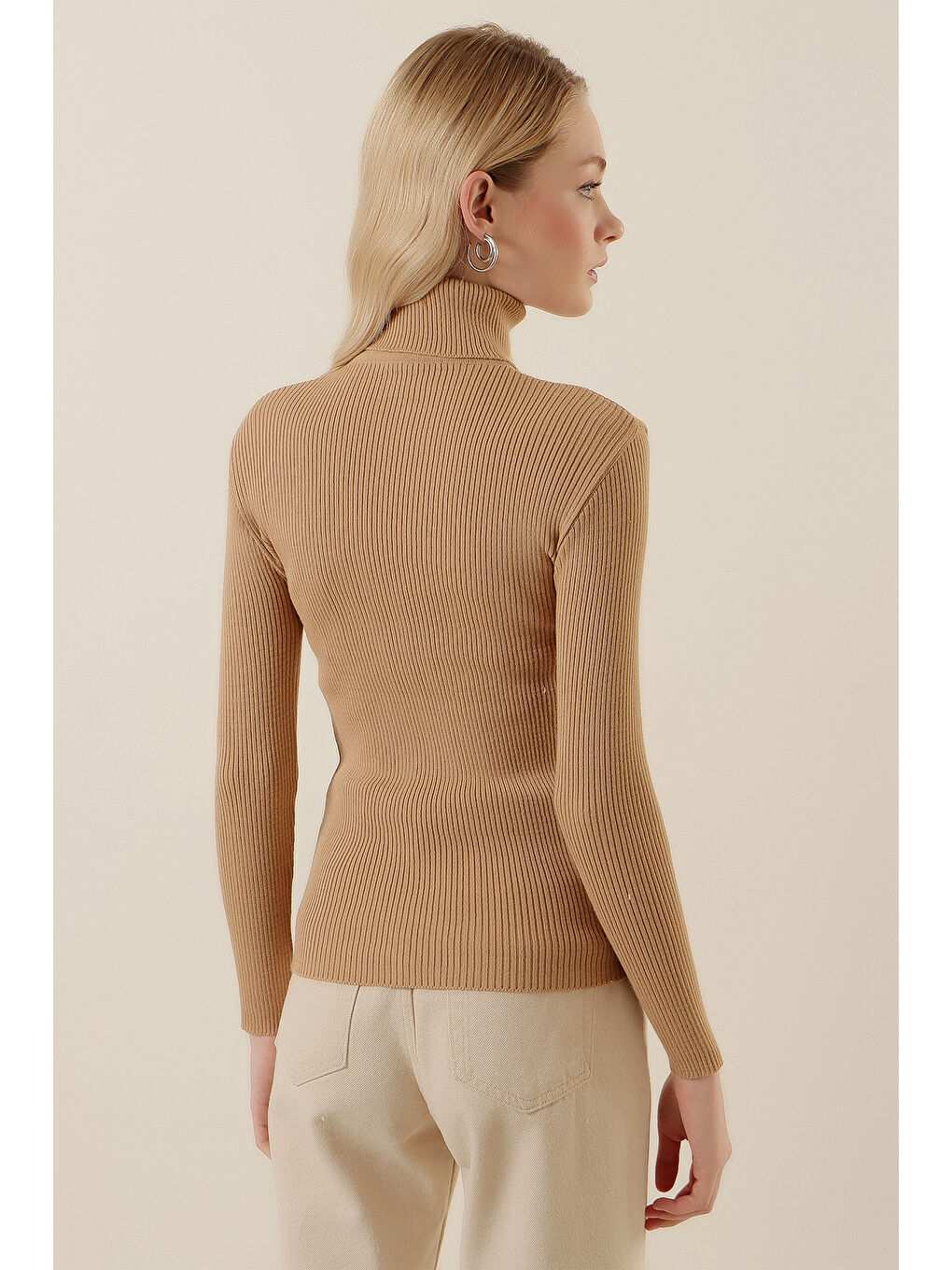 15796 Balıkçı Yaka Fitilli Kazak - Bej-6