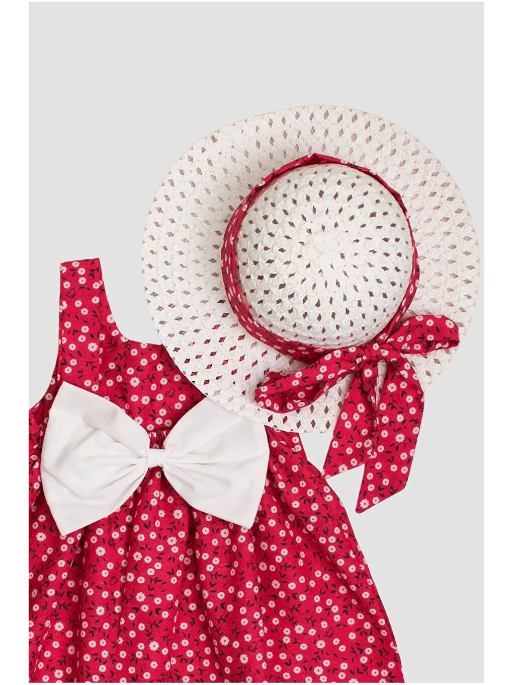 Kırmızı Çiçek Desenli Fiyonklu Kız Bebek Elbisesi-4