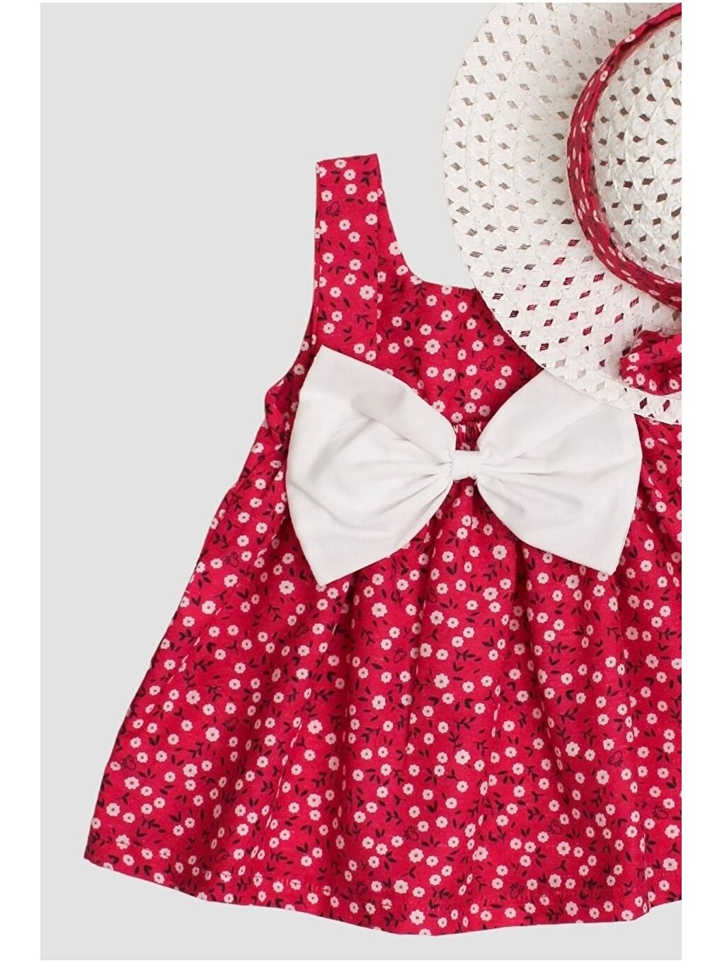 Kırmızı Çiçek Desenli Fiyonklu Kız Bebek Elbisesi-5