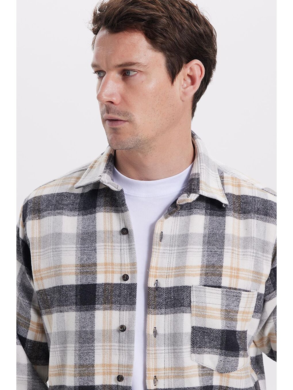 Gri Erkek Regular Fit Rahat Kesim Kışlık Kareli Oduncu Gömlek-1