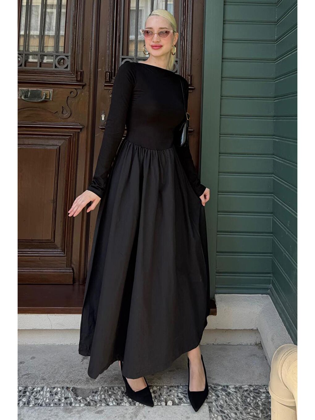 Siyah Maxi Boy %100 Pamuklu Kadın Elbise Mg2365