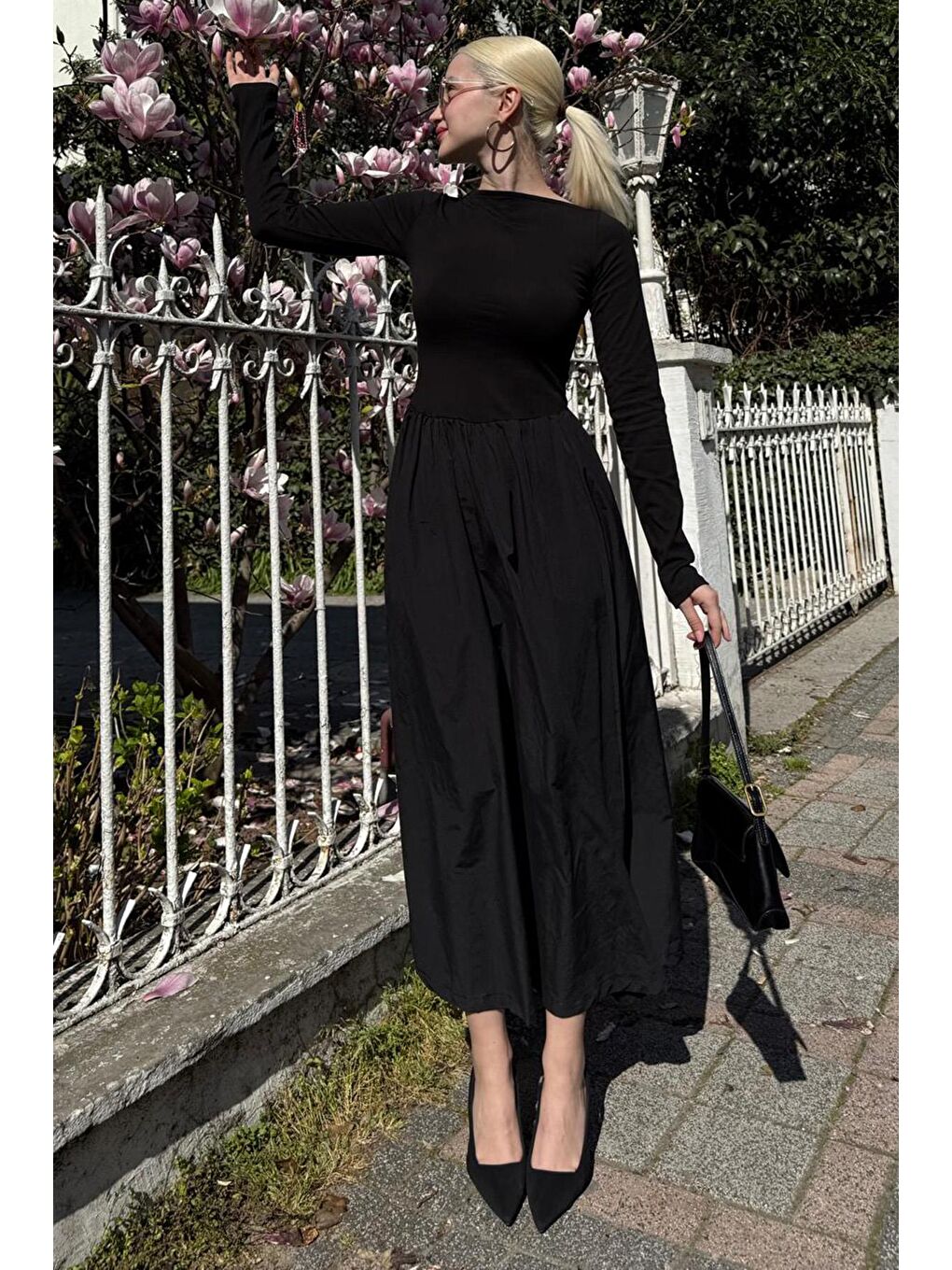 Siyah Maxi Boy %100 Pamuklu Kadın Elbise Mg2365-2