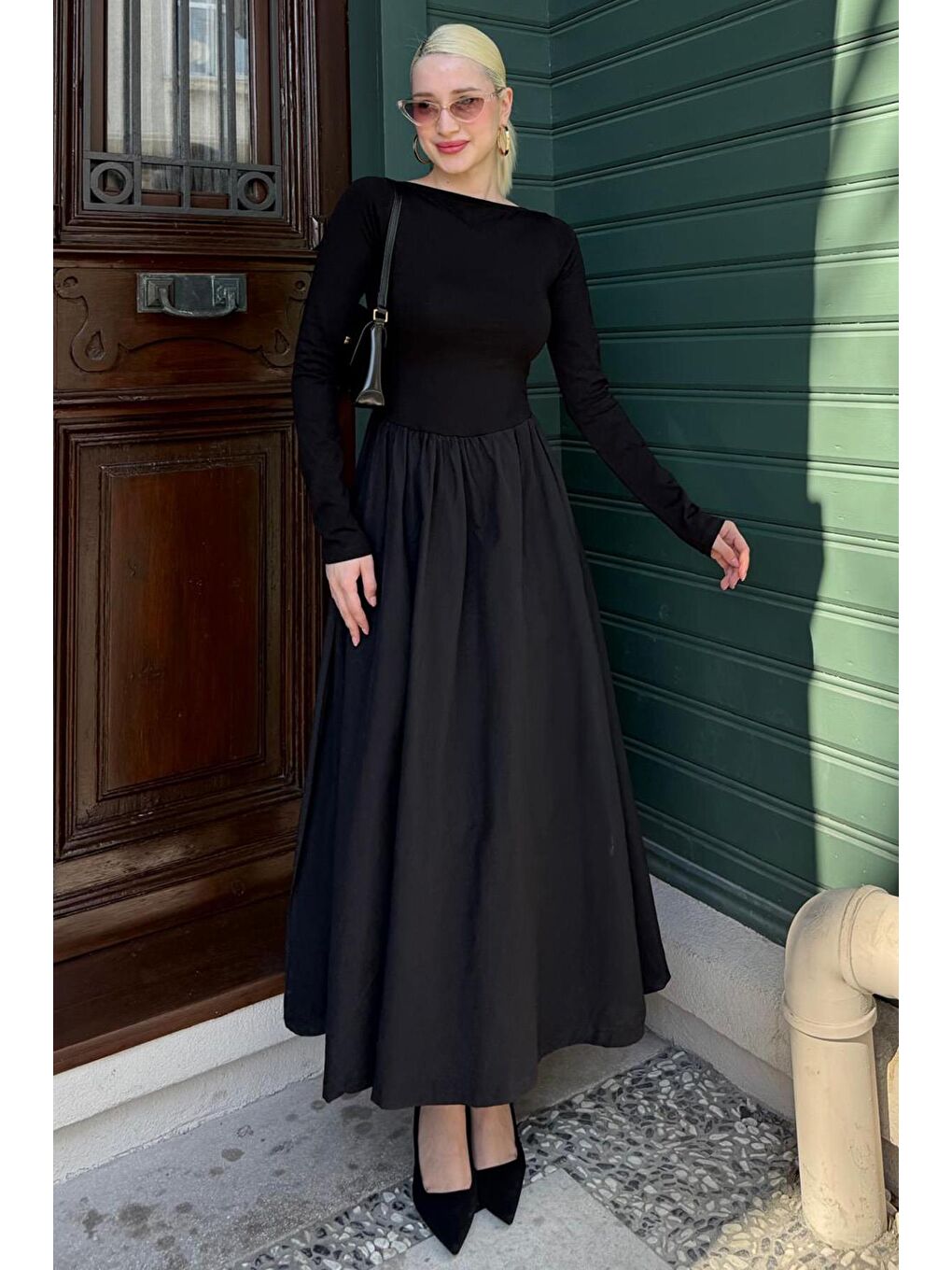 Siyah Maxi Boy %100 Pamuklu Kadın Elbise Mg2365-3