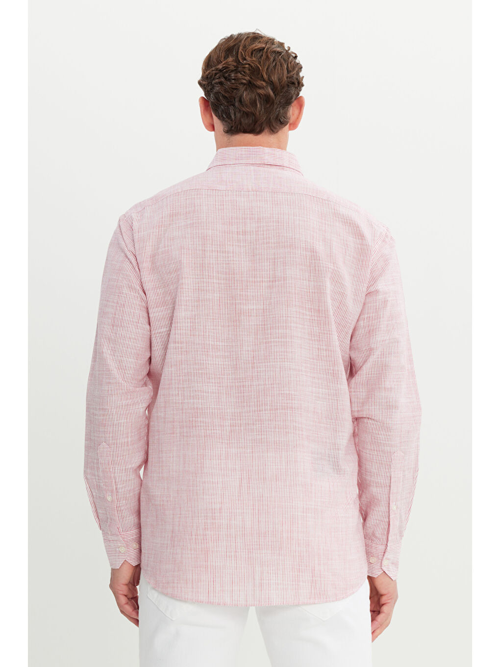 Erkek Kırmızı %100 Pamuk Comfort Fit Rahat Kesim Düğmeli Yaka Çizgili Gömlek-4