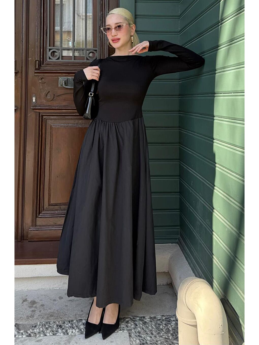 Siyah Maxi Boy %100 Pamuklu Kadın Elbise Mg2365-5