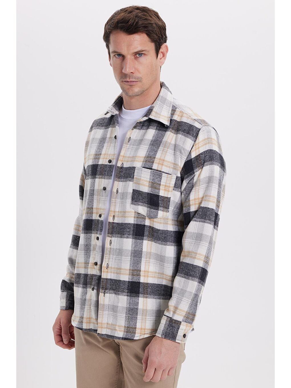 Gri Erkek Regular Fit Rahat Kesim Kışlık Kareli Oduncu Gömlek-4