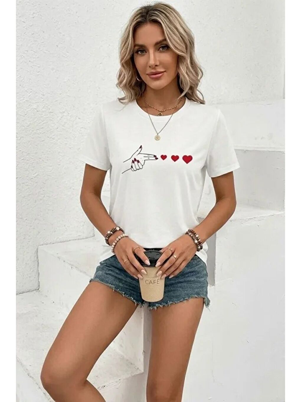 Minimal Kalp İşaret Baskılı Tişört Kısa Kol Yazlık T-Shirt - Beyaz-1