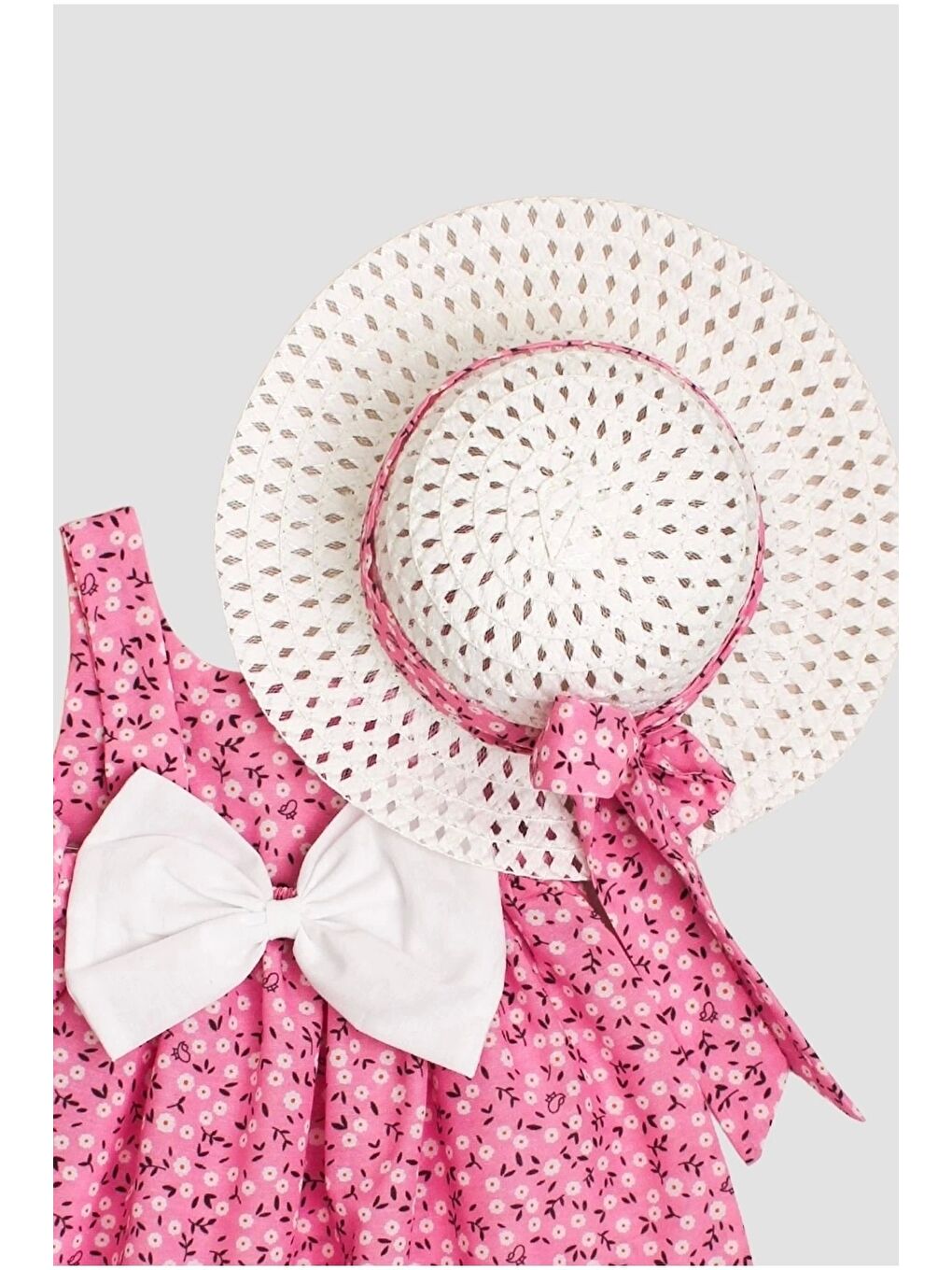 Pembe Çiçek Desenli Fiyonklu Kız Bebek Elbisesi-1