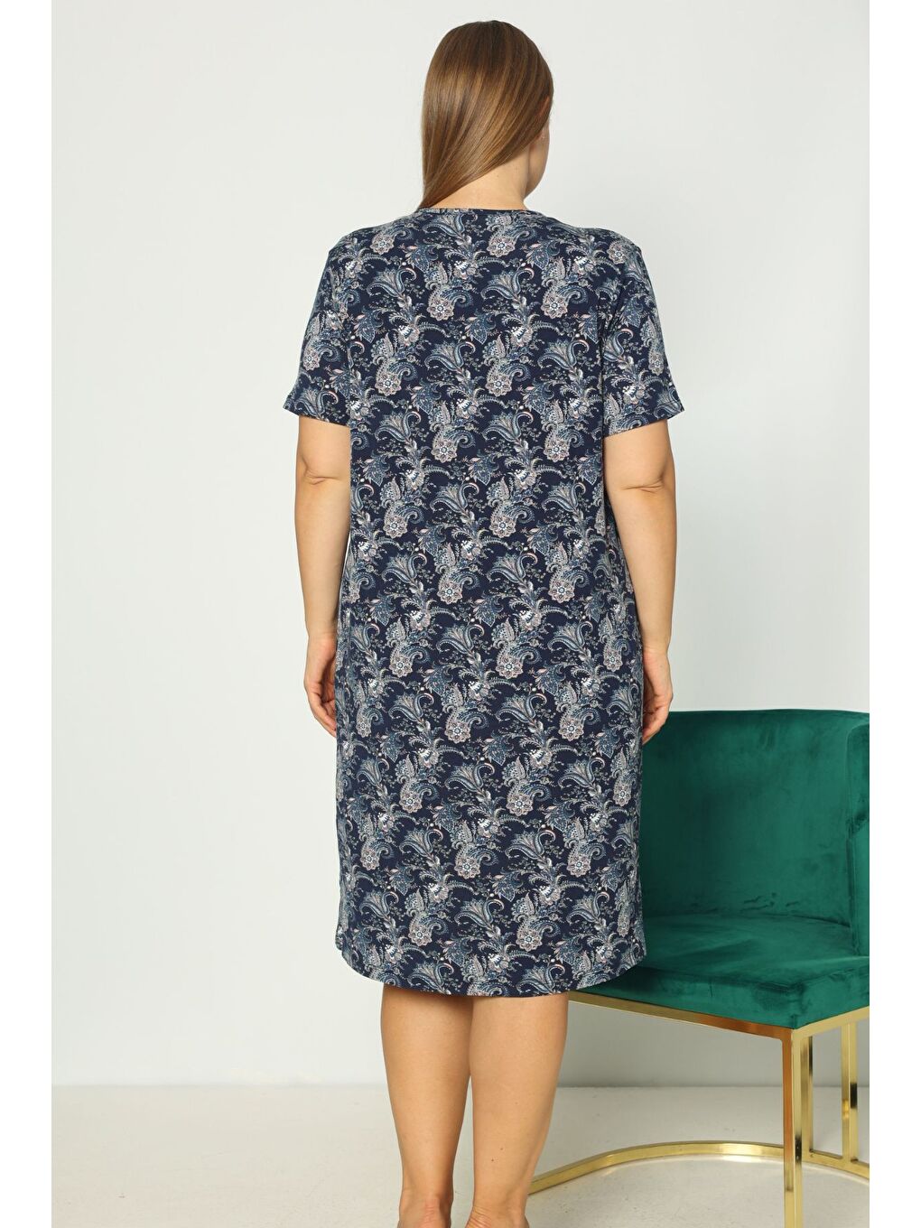 Lacivert Kadın Büyük Beden Önden Düğmeli Desenli Kısa Kollu Gecelik-2