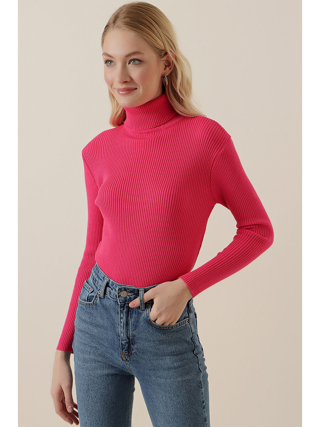 15796 Balıkçı Yaka Fitilli Kazak - Fuşya-2