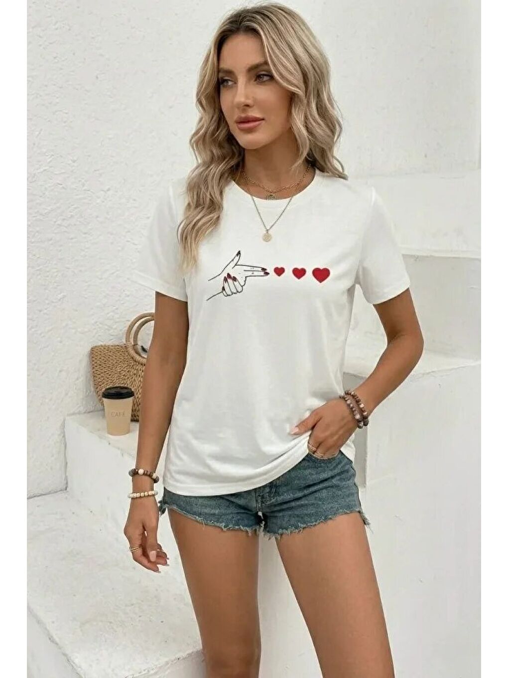 Minimal Kalp İşaret Baskılı Tişört Kısa Kol Yazlık T-Shirt - Beyaz-2