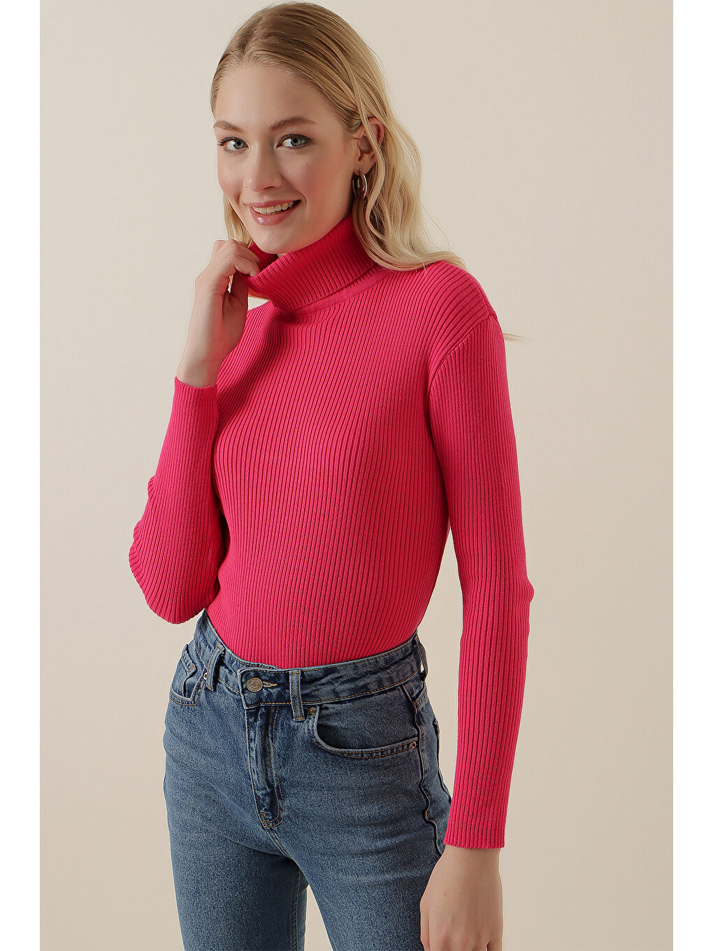 15796 Balıkçı Yaka Fitilli Kazak - Fuşya-3