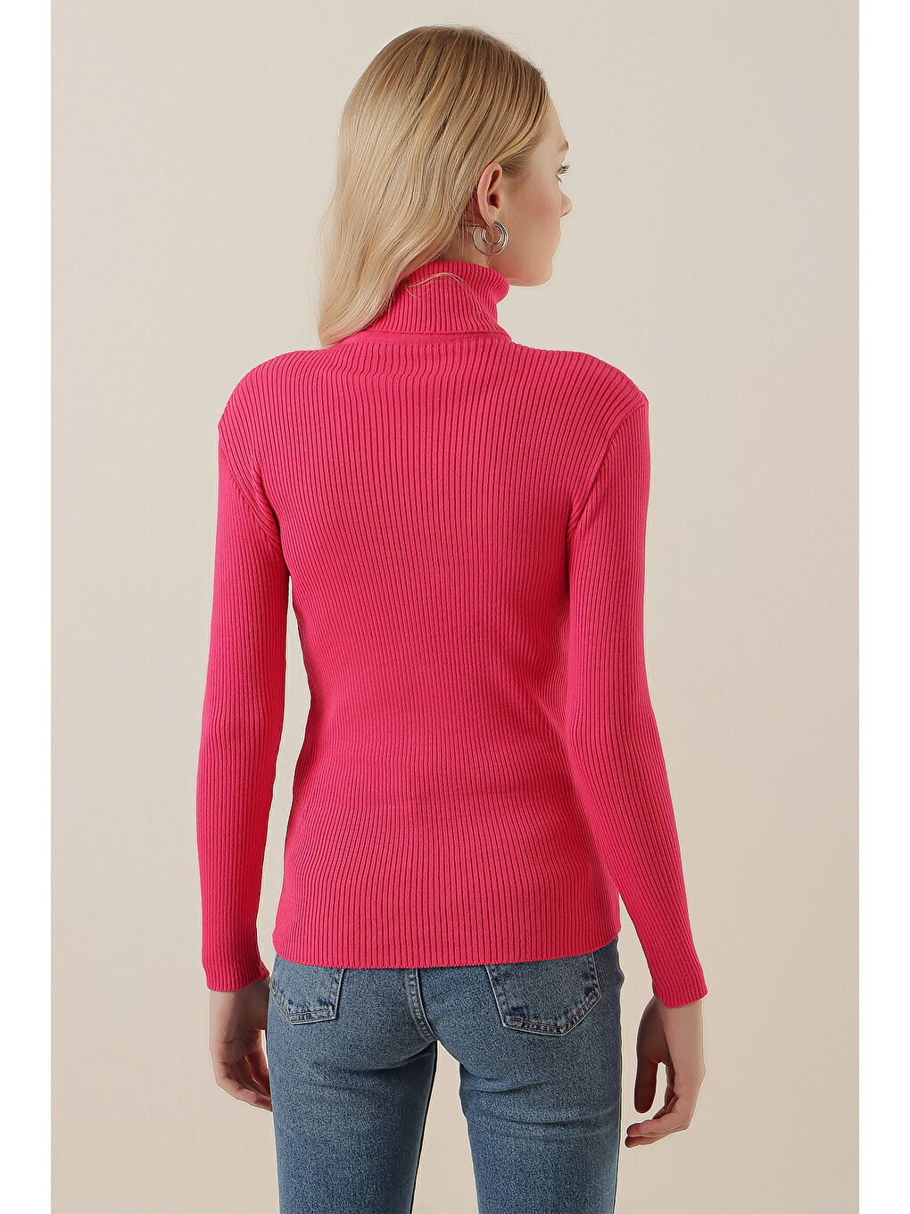 15796 Balıkçı Yaka Fitilli Kazak - Fuşya-4