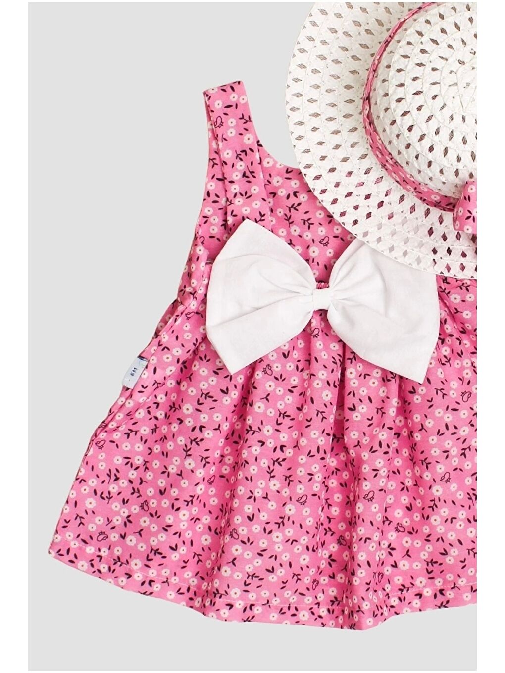 Pembe Çiçek Desenli Fiyonklu Kız Bebek Elbisesi-2