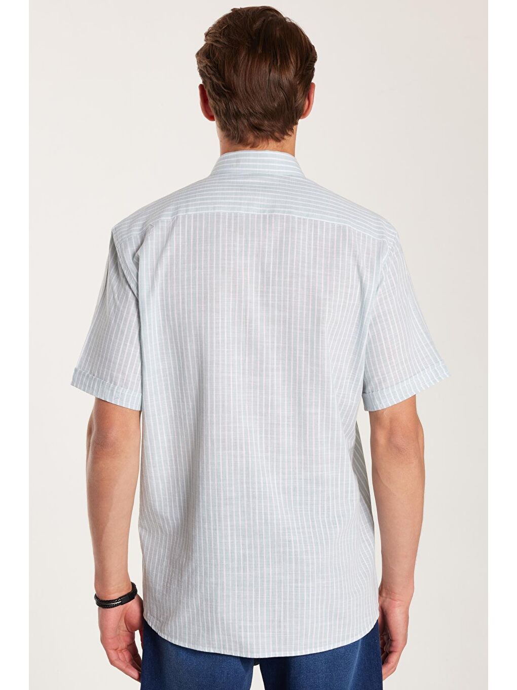 Erkek Regular Fit Klasik Kesim %100 Pamuk Kısa Kollu Keten Doku Tek Cepli Çizgili Yeşil Gömlek-4