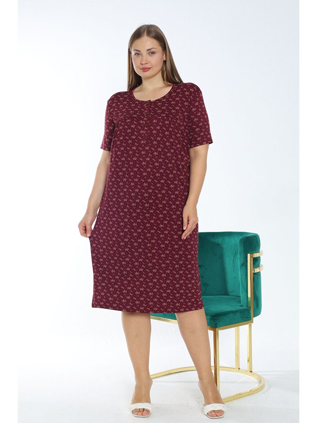 Bordo Desenli düğmeli kadın büyük beden kısa kollu Elastanlı gecelik-1