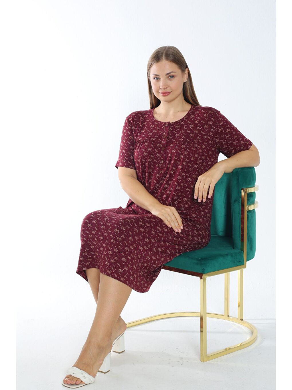 Bordo Desenli düğmeli kadın büyük beden kısa kollu Elastanlı gecelik-2