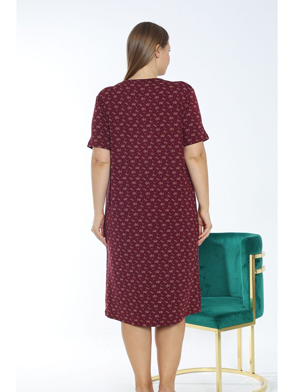 Bordo Desenli düğmeli kadın büyük beden kısa kollu Elastanlı gecelik-3