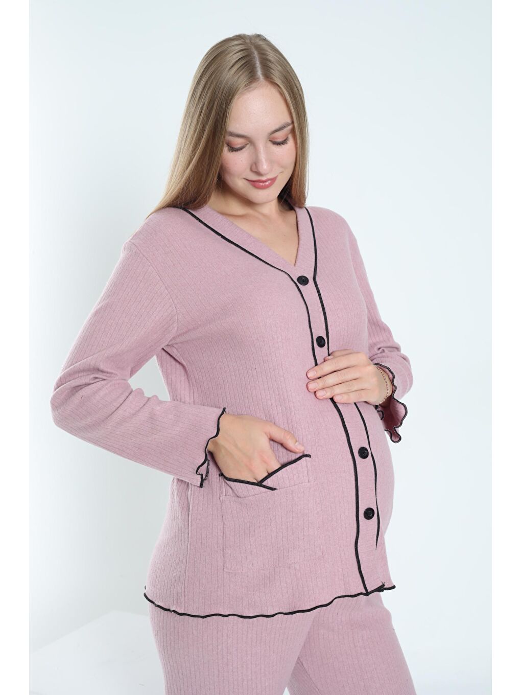 Pembe Gül Kurusu Önden Düğmeli Ayarlanabilir Bel Kol ve Paça Fırfır Detaylı Hamile Pijama Takımı-3