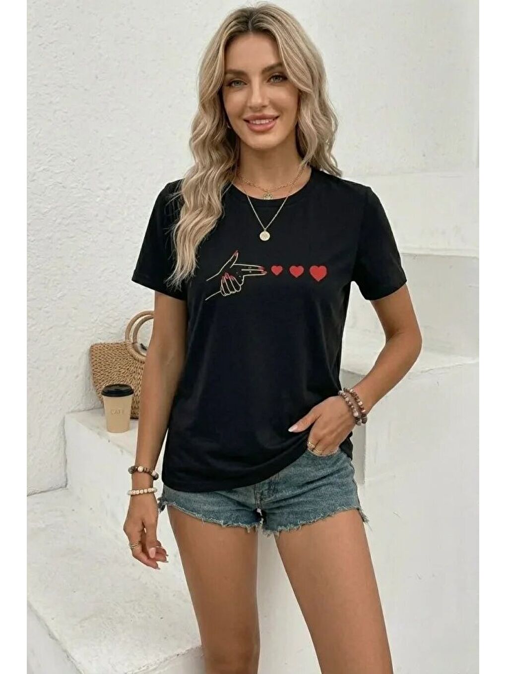 Minimal Kalp İşaret Baskılı Tişört Kısa Kol Yazlık T-Shirt - Siyah-1