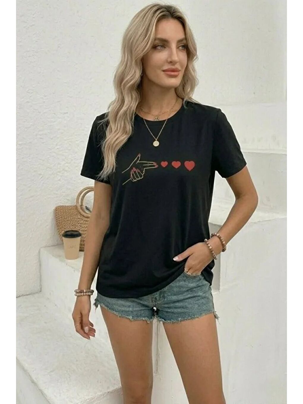 Minimal Kalp İşaret Baskılı Tişört Kısa Kol Yazlık T-Shirt - Siyah-2