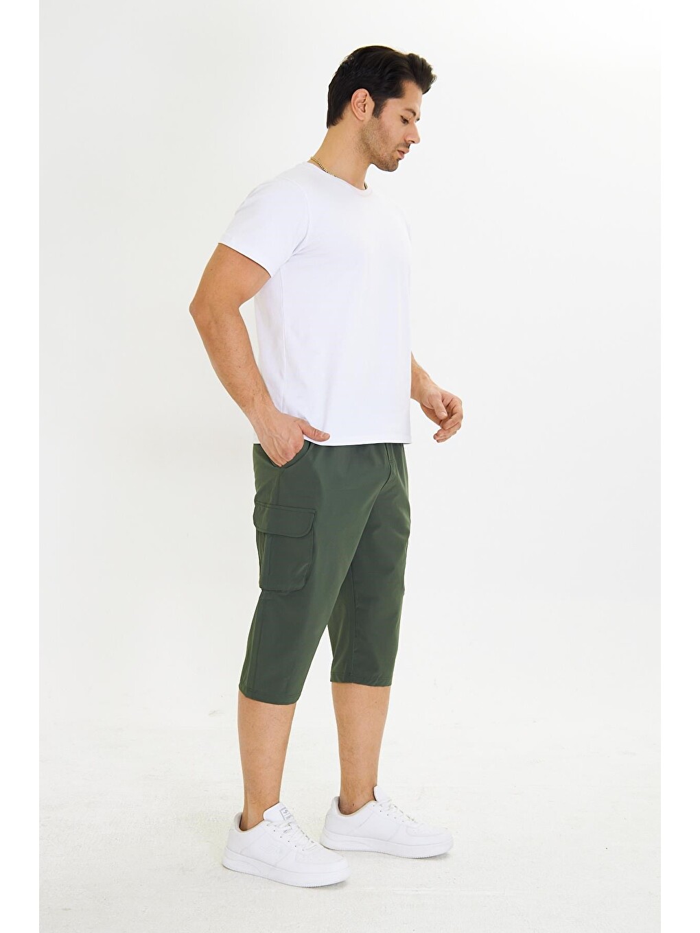 Erkek Büyük Beden Stretchfit Kargo Cepli Esnek Kapri Haki-6035b-2