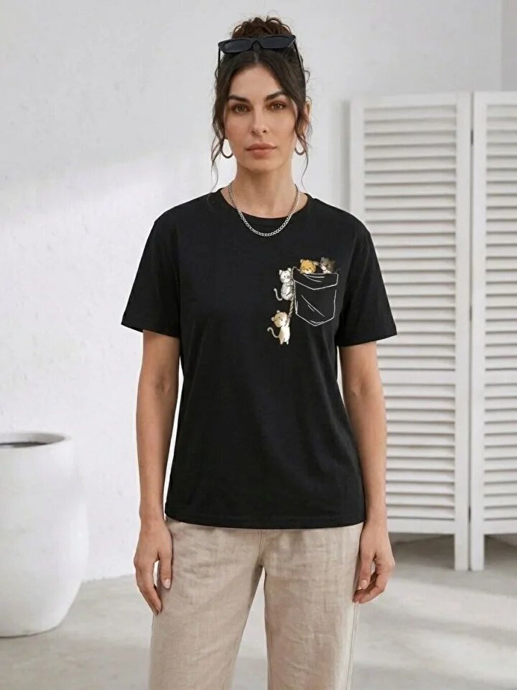 Sevimli Kedi Cep Baskılı Tişört Kısa Kol Yazlık T-Shirt - Siyah-2