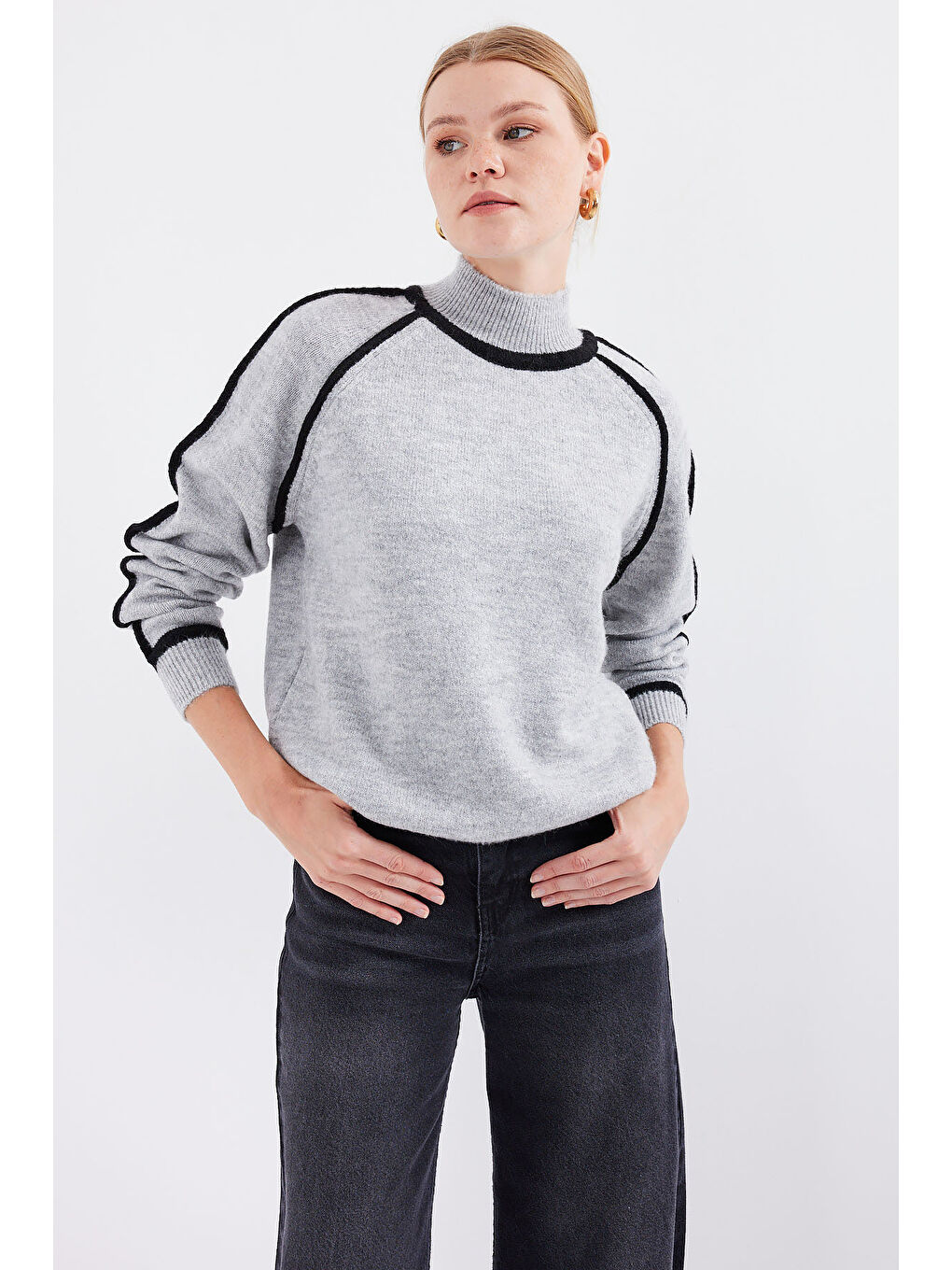 15879 Çizgili Oversize Triko Kazak - Gri