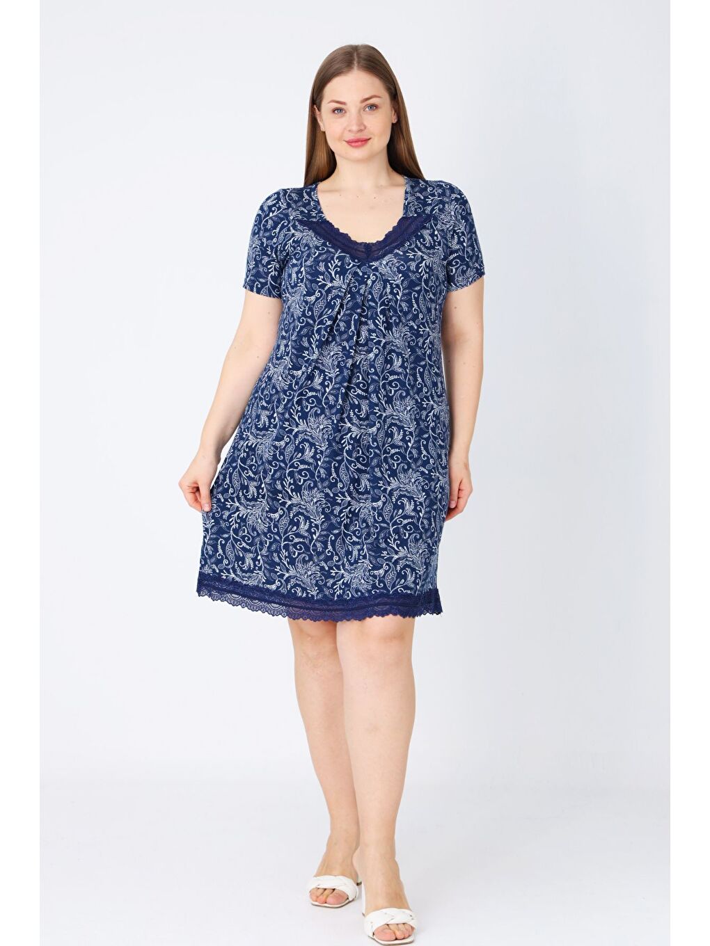Lacivert Kadın Büyük Beden Dantelli Kısa Kollu Elastanlı Gecelik-2