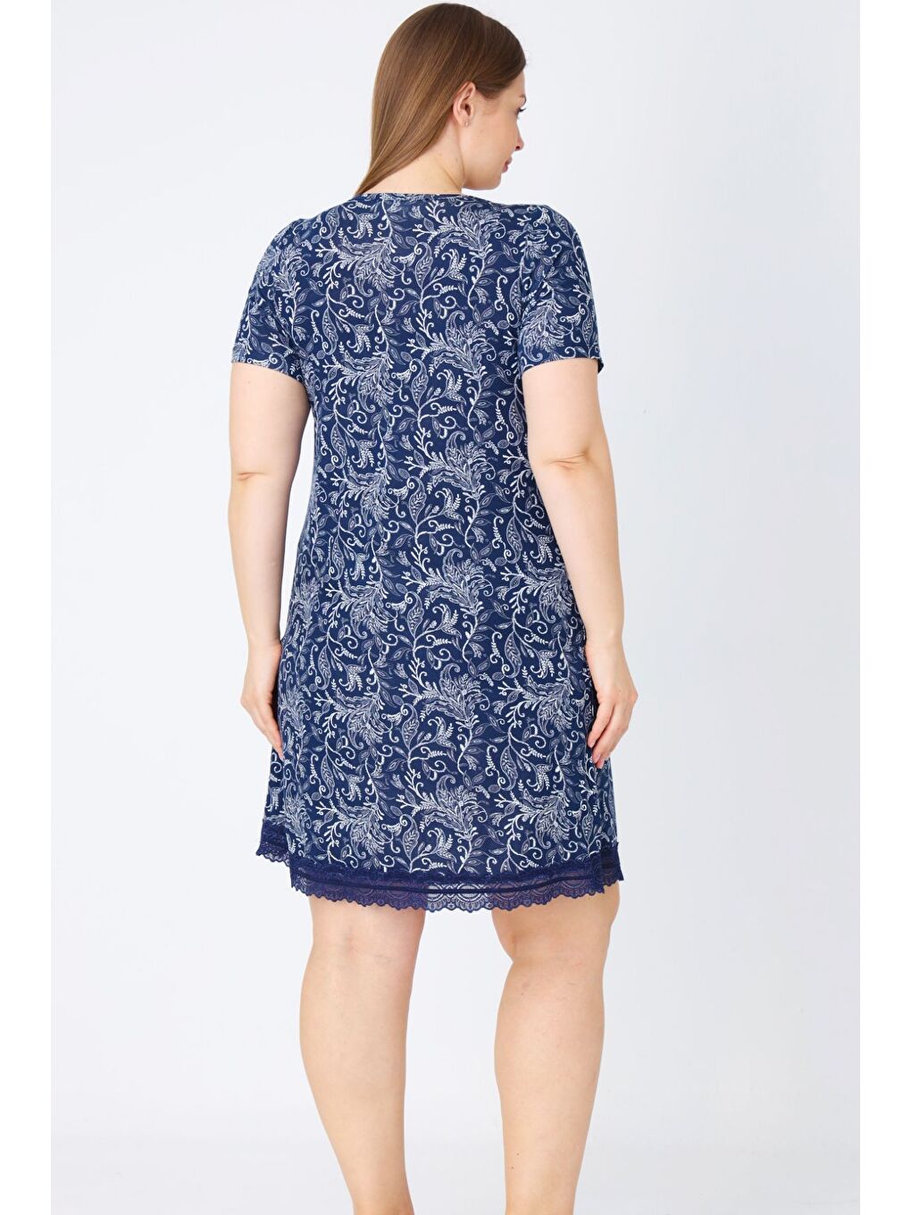 Lacivert Kadın Büyük Beden Dantelli Kısa Kollu Elastanlı Gecelik-4