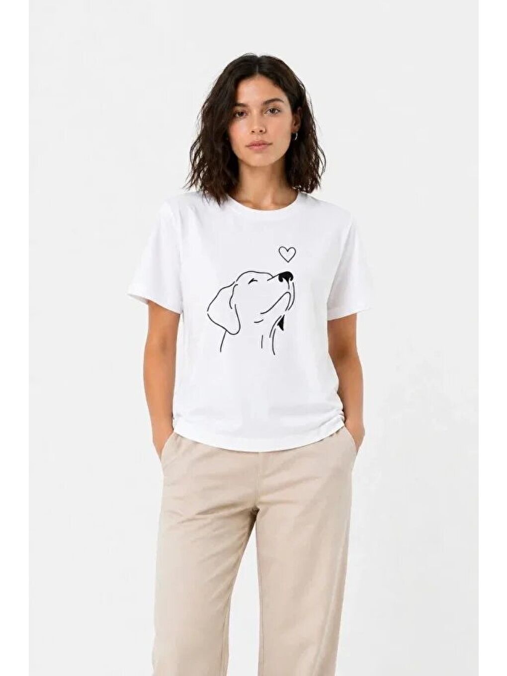 Köpek Figürlü Minimal Baskılı Tişört Kısa Kol Yazlık T-Shirt - Beyaz