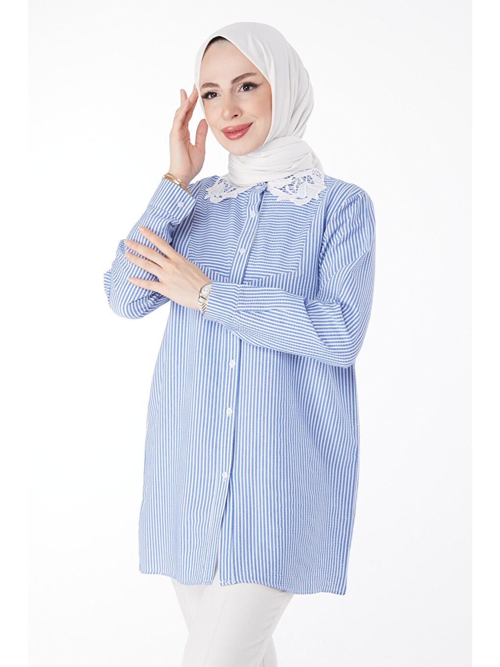 Gömlek Yaka Kadın Mavi Gömlek - 25083-1