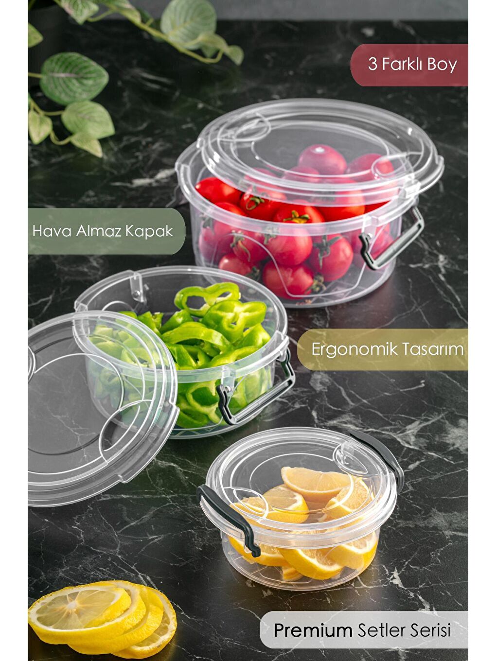 Renksiz 15'li Lenora Mega Set - Yuvarlak Kilitlenebilir Kapaklı Şeffaf Saklama Kabı 5x(300-600-1200 ml)-3