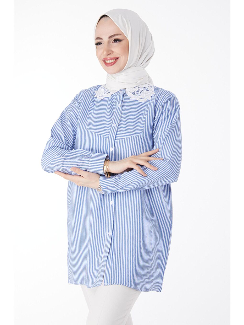 Gömlek Yaka Kadın Mavi Gömlek - 25083-2