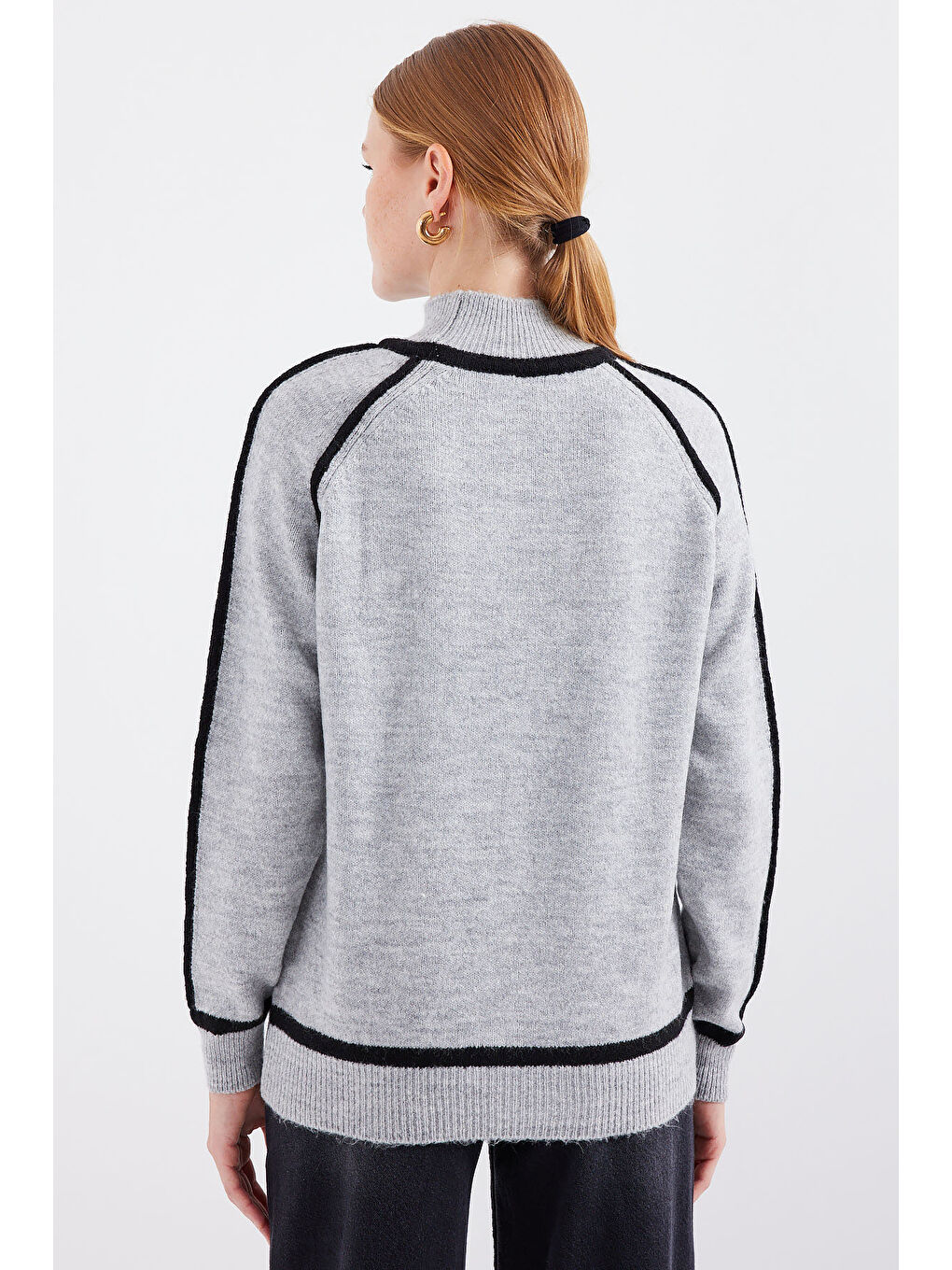 15879 Çizgili Oversize Triko Kazak - Gri-5