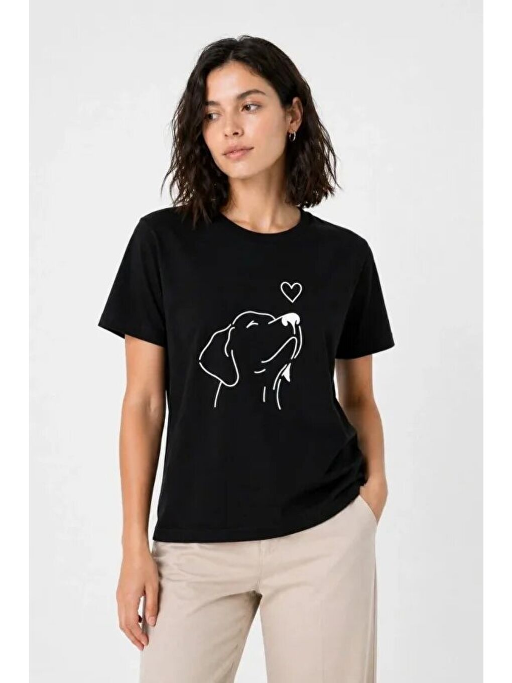 Köpek Figürlü Minimal Baskılı Tişört Kısa Kol Yazlık T-Shirt - Siyah