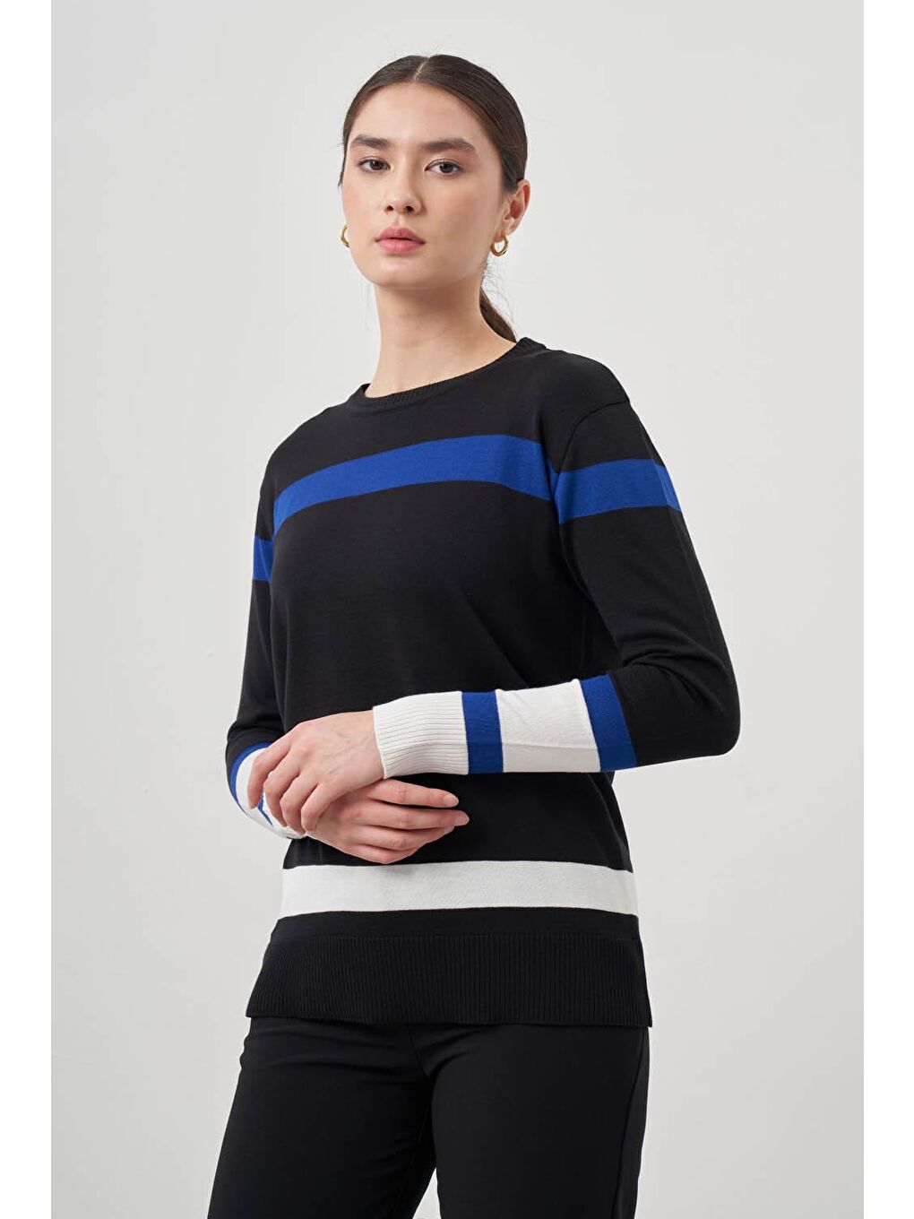 Mizalle Blok Renkli Rayon Siyah/Mavi Bluz