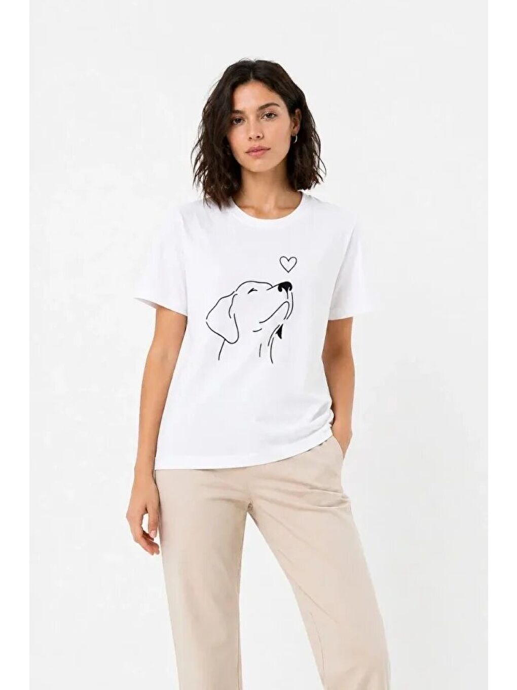Köpek Figürlü Minimal Baskılı Tişört Kısa Kol Yazlık T-Shirt - Beyaz-2