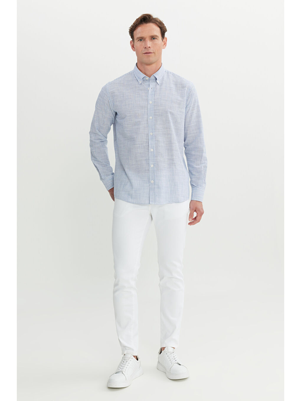 Erkek Lacivert %100 Pamuk Comfort Fit Rahat Kesim Düğmeli Yaka Çizgili Gömlek-1