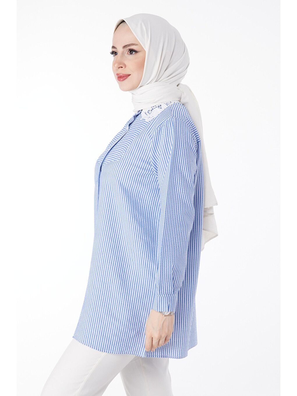 Gömlek Yaka Kadın Mavi Gömlek - 25083-3