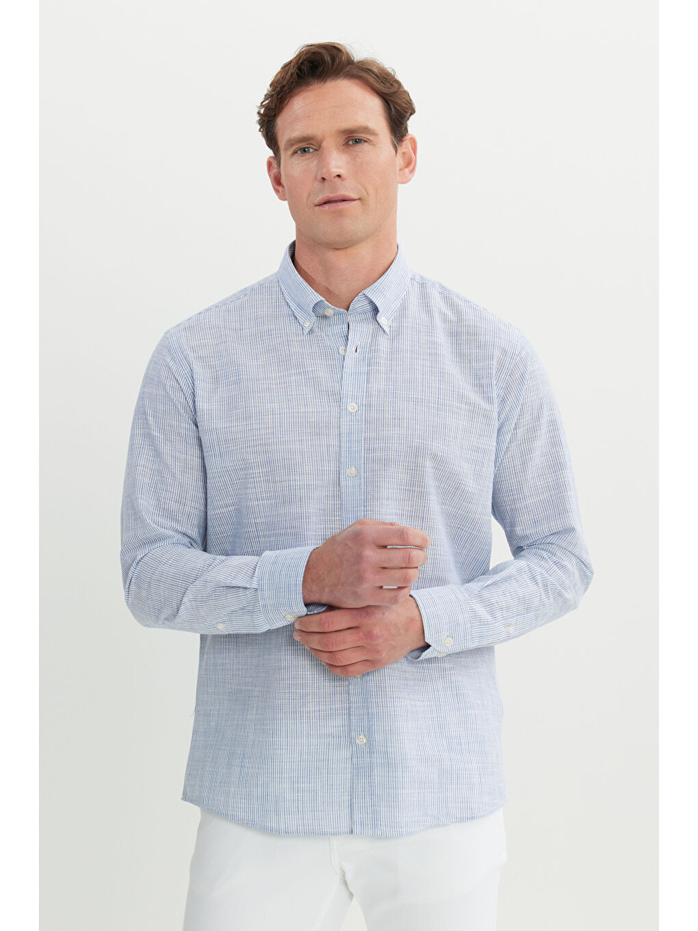 Erkek Lacivert %100 Pamuk Comfort Fit Rahat Kesim Düğmeli Yaka Çizgili Gömlek-2