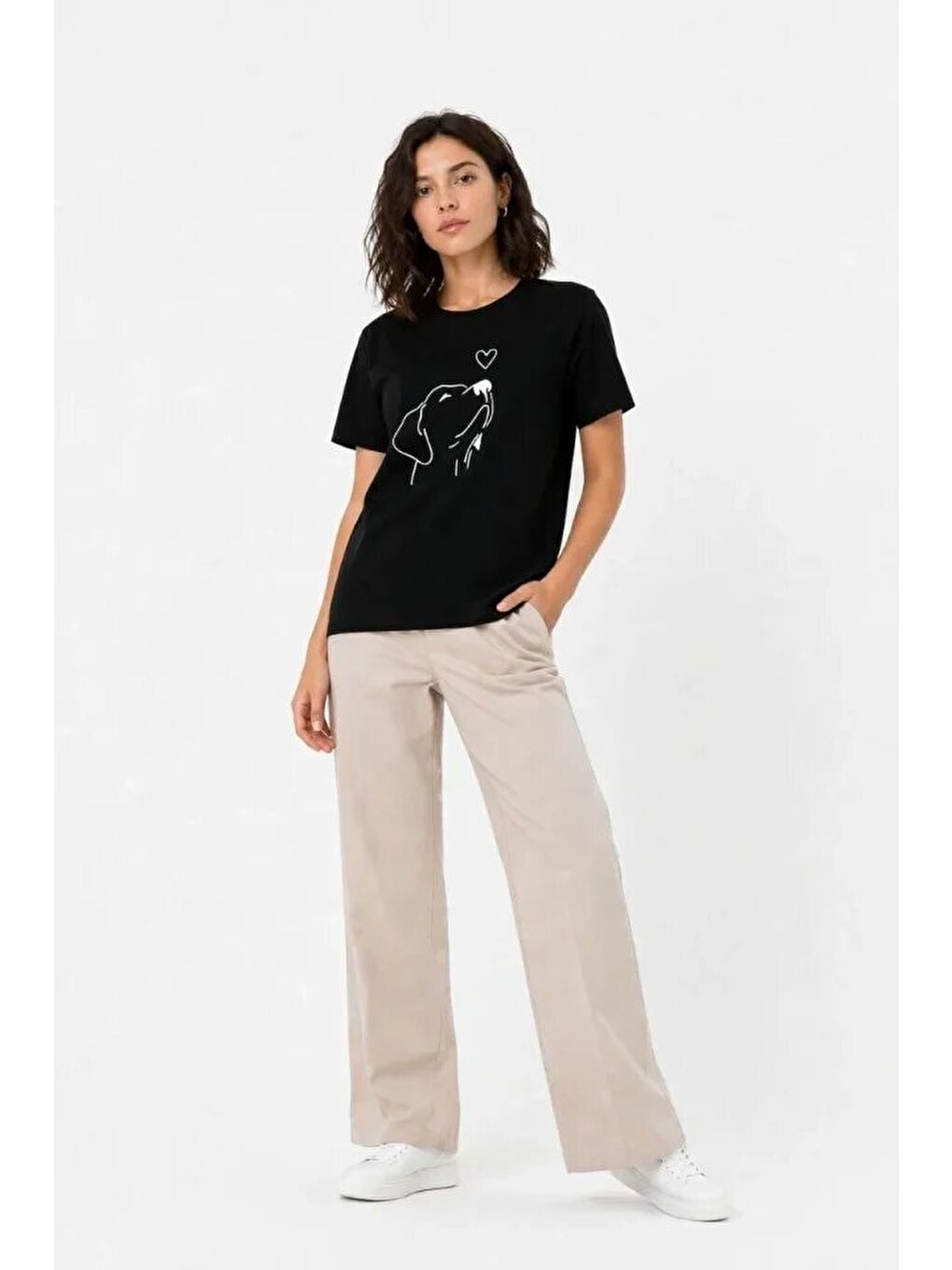 Köpek Figürlü Minimal Baskılı Tişört Kısa Kol Yazlık T-Shirt - Siyah-1