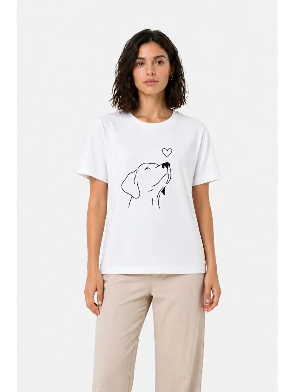 Köpek Figürlü Minimal Baskılı Tişört Kısa Kol Yazlık T-Shirt - Beyaz-3