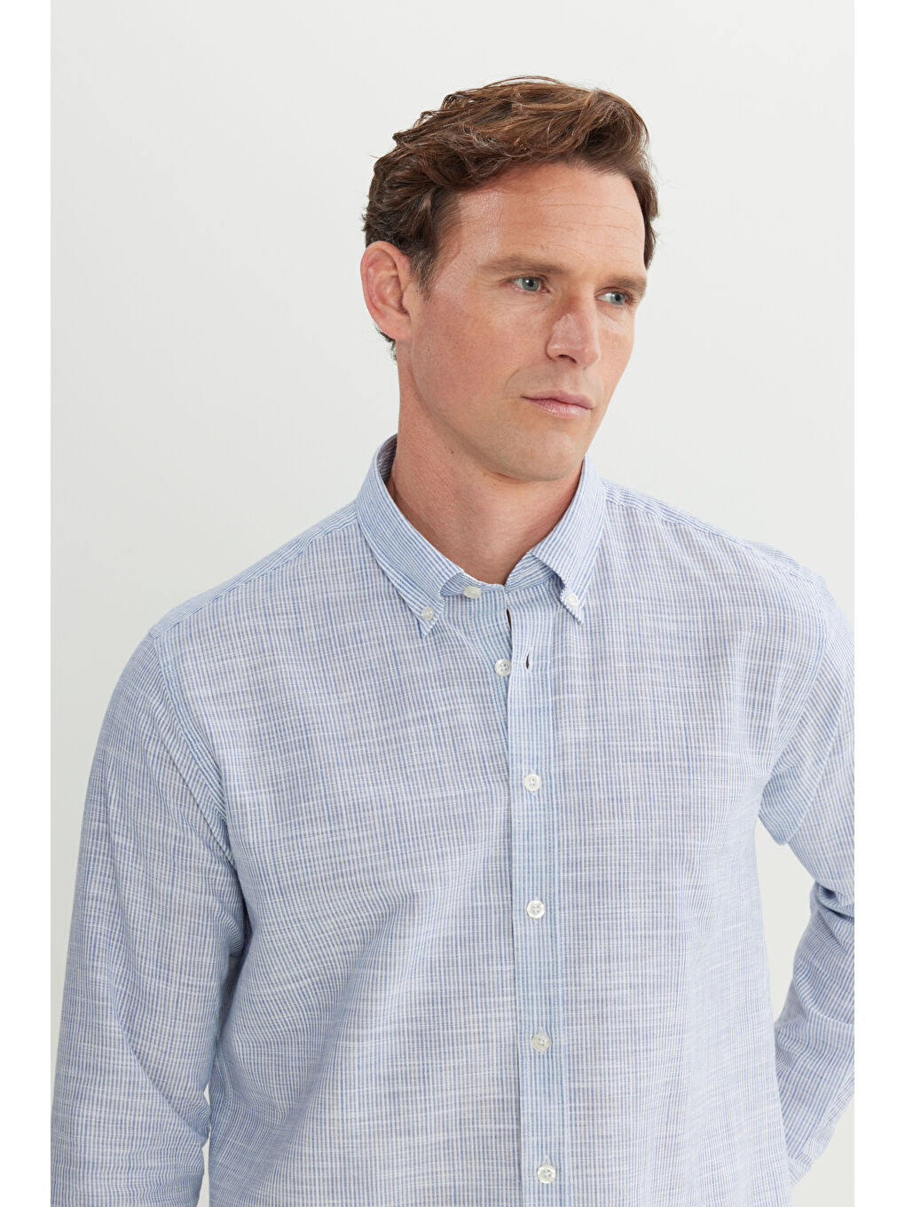 Erkek Lacivert %100 Pamuk Comfort Fit Rahat Kesim Düğmeli Yaka Çizgili Gömlek-3