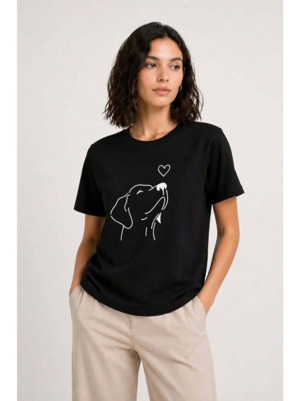 Köpek Figürlü Minimal Baskılı Tişört Kısa Kol Yazlık T-Shirt - Siyah-3