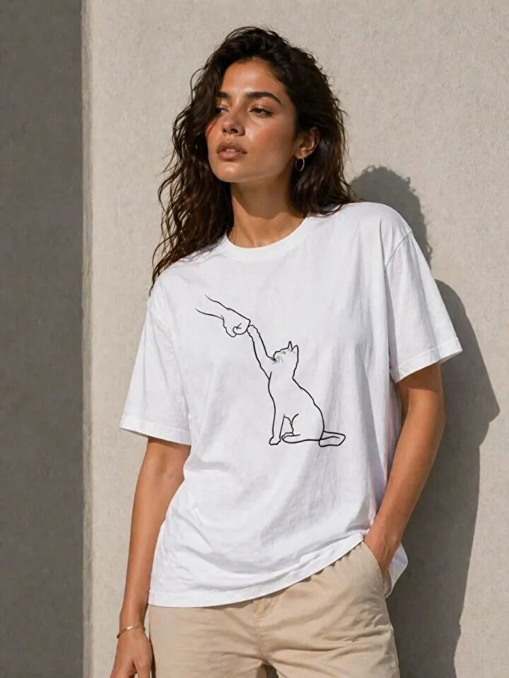 Minimal Kedi Çizim Baskılı Tişört Kısa Kol Yazlık T-Shirt - Beyaz-1